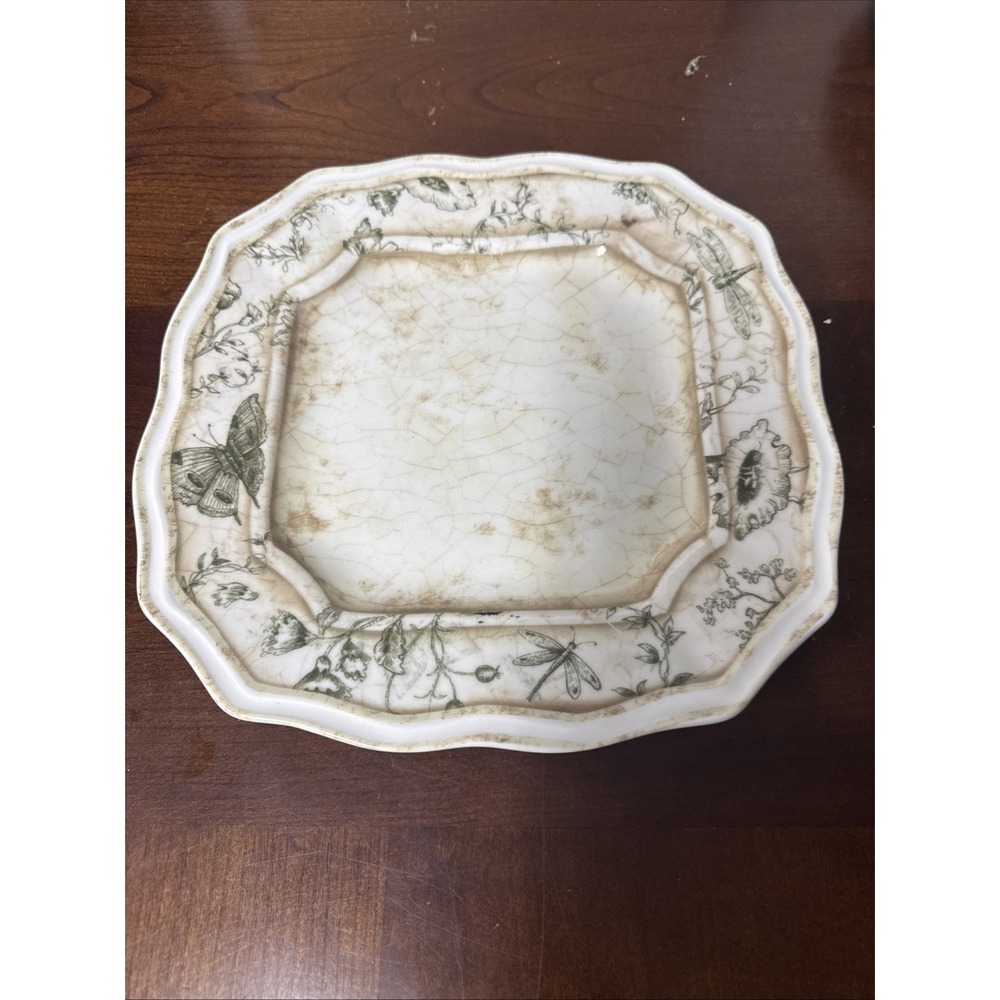 222 Fifth Floral Toile Dinner Plate Flowers Butterflies Brown Crackle Replacment